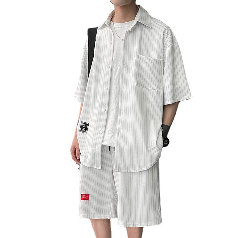 Striped Short-sleeved Shirt Loose Straight-leg Shorts Two-piece Suit