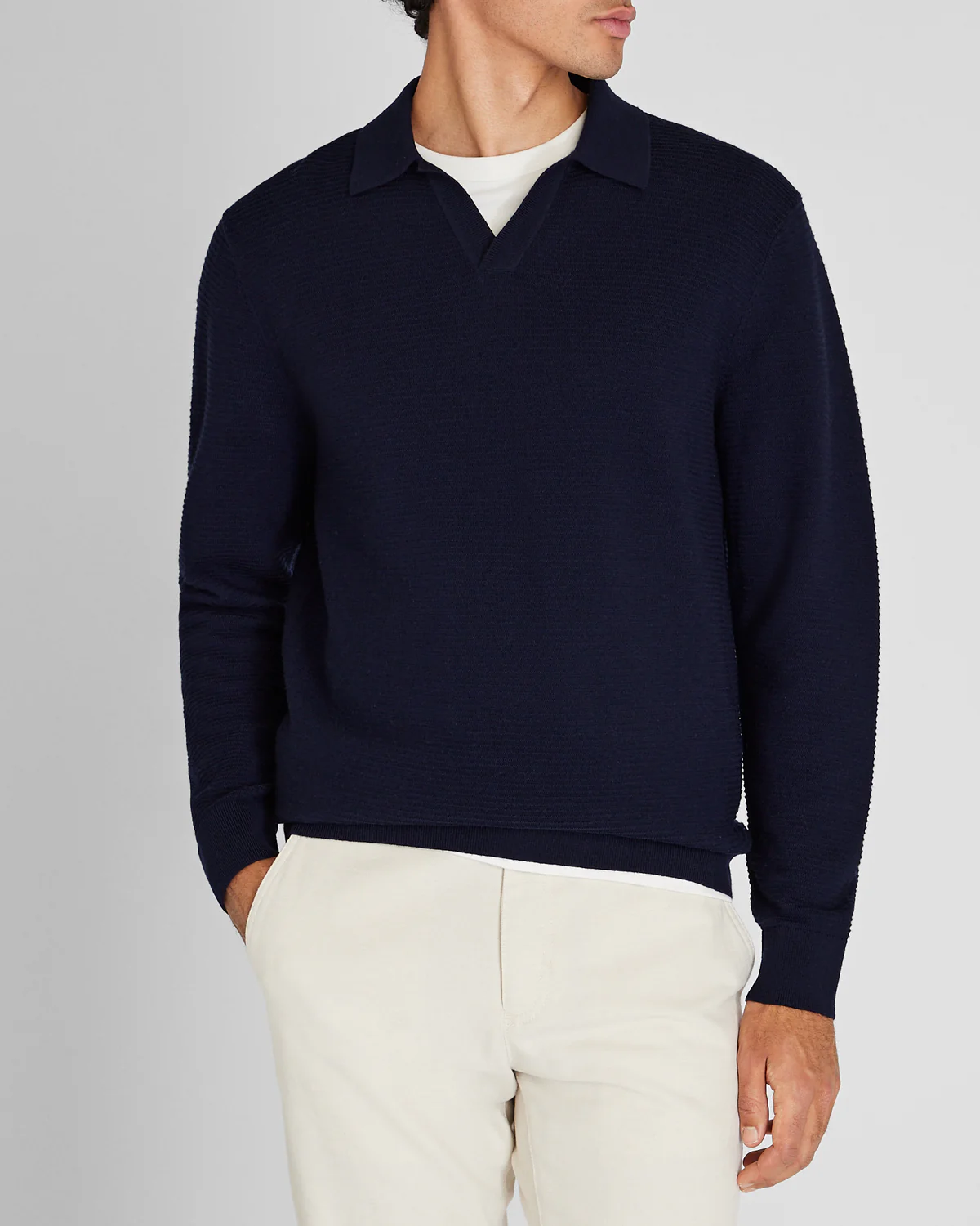 Long-Sleeve Textured Johnny Collar Knit Polo